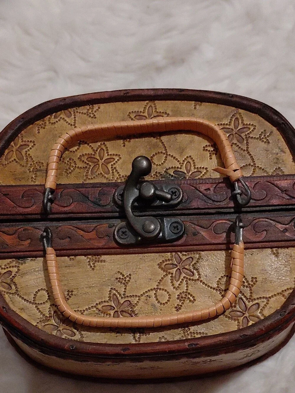 Tan Floral-Embossed Cosmetic Case with Top Handle
